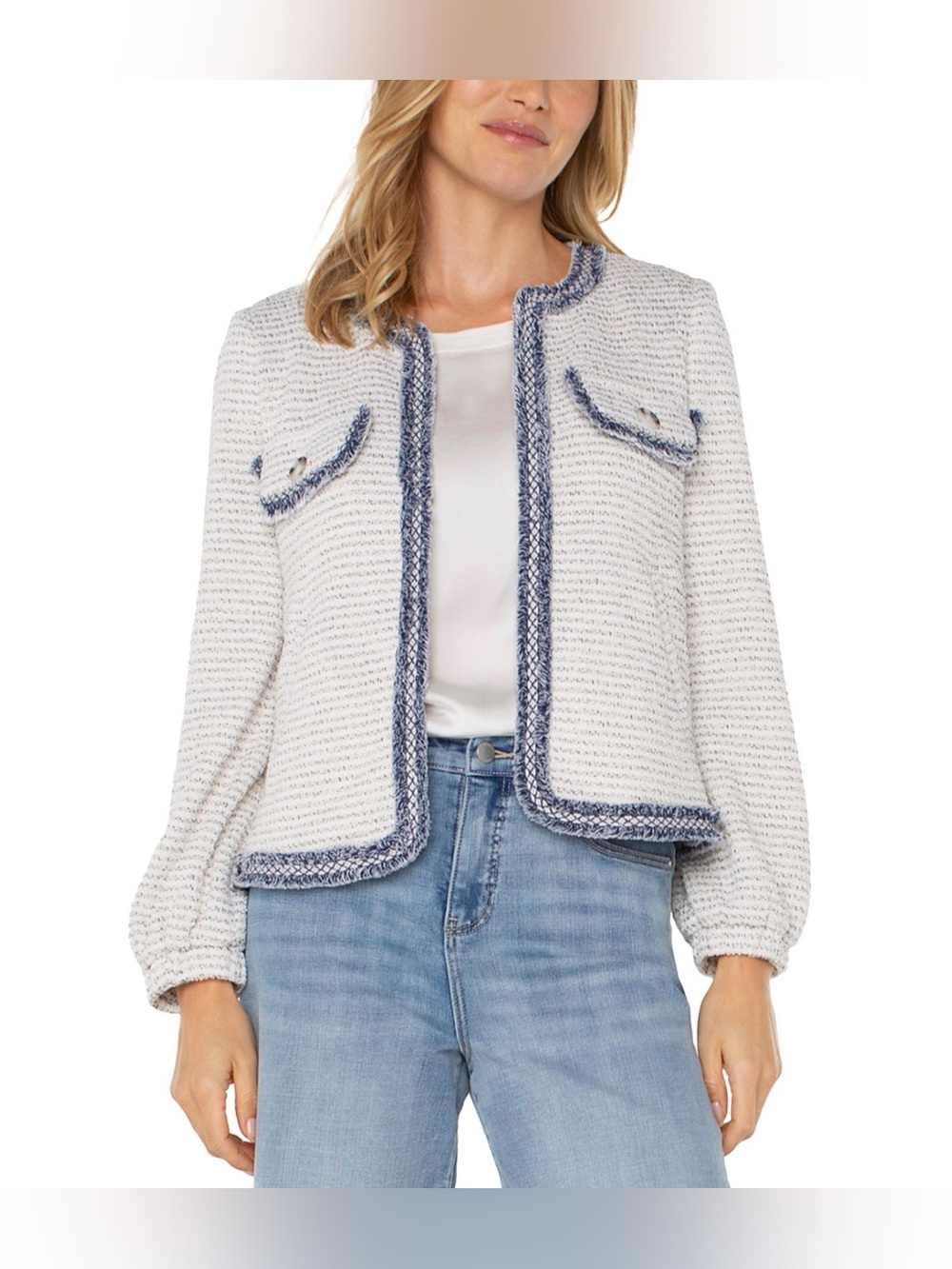 NWOT Liverpool Los Angeles Women’s Cream Navy Bouclé Fringe Jacket Size Large